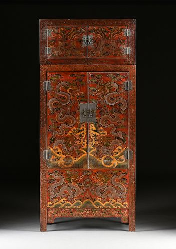 A CHINESE RED GROUND PAINTED