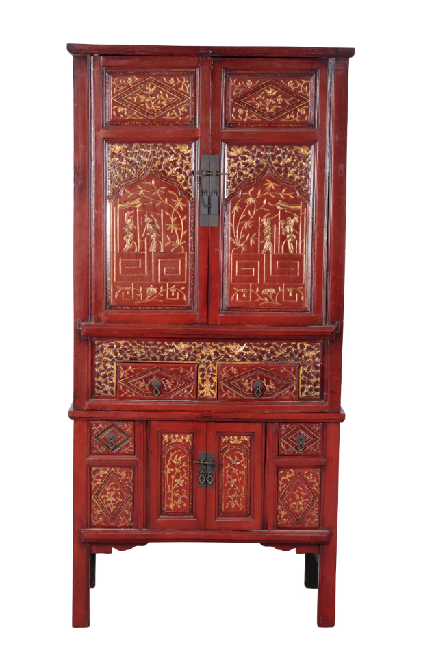 A CHINESE RED LACQUER CABINET ON