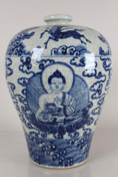 A CHINESE RELIGIOUS BLUE AND W