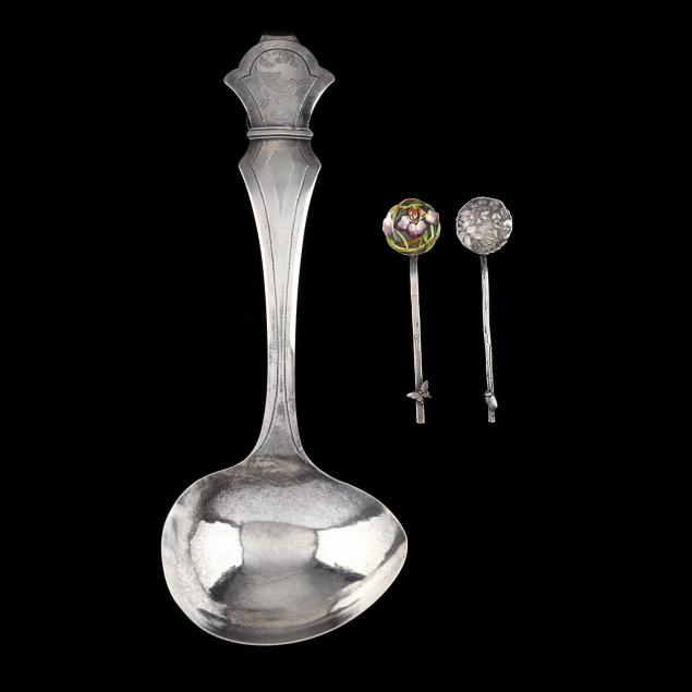A CHINESE SILVER SOUP LADLE AND TWO