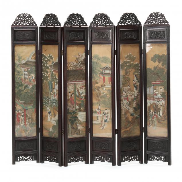 A CHINESE SIX PANEL CARVED HARDWOOD