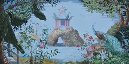 A CHINOISERIE PEACOCK AND PAGODA