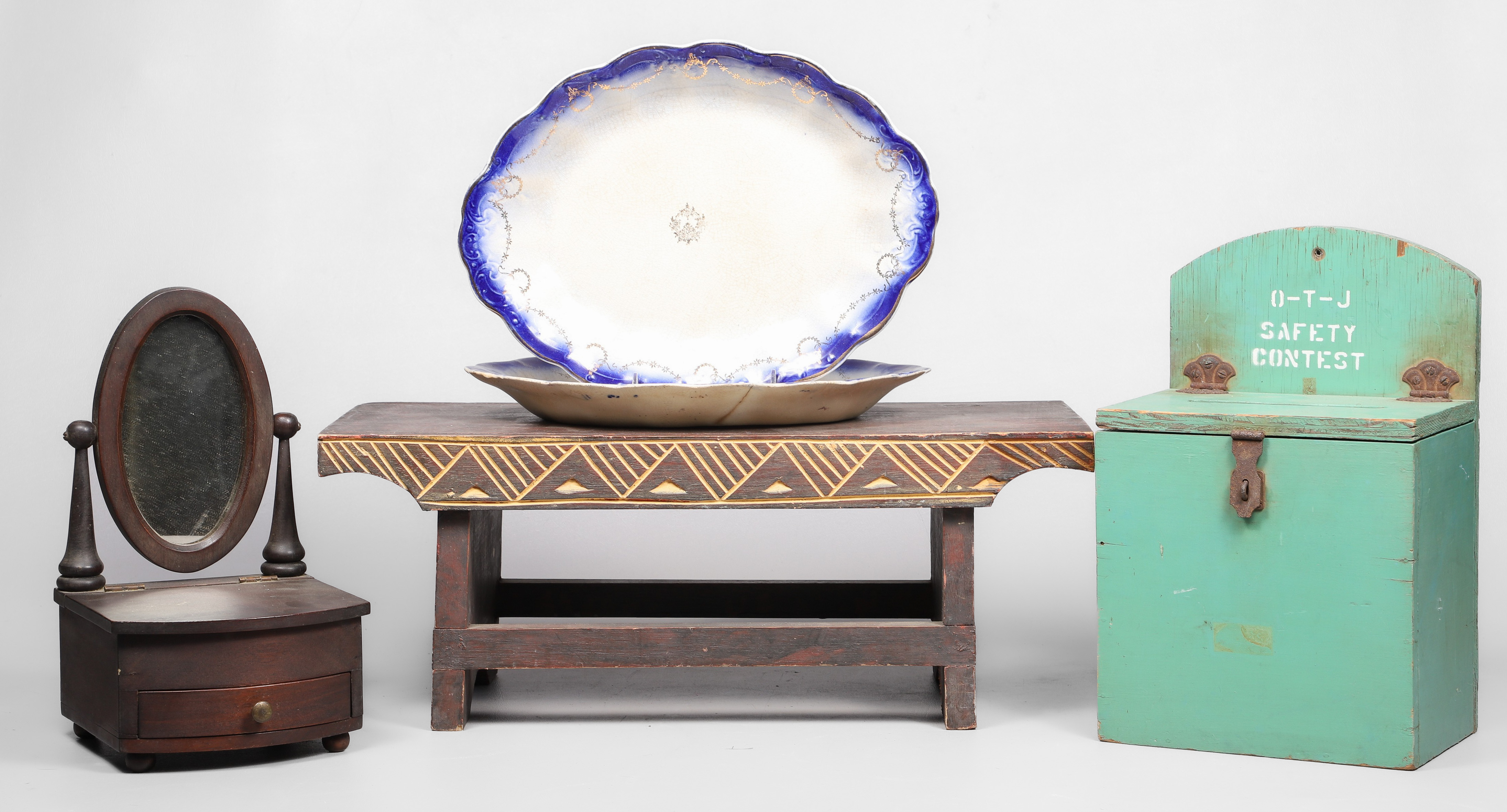 A Chip Carved Stool, Ballot Box,