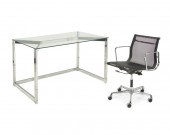A CHROME AND GLASS DESK AND EA