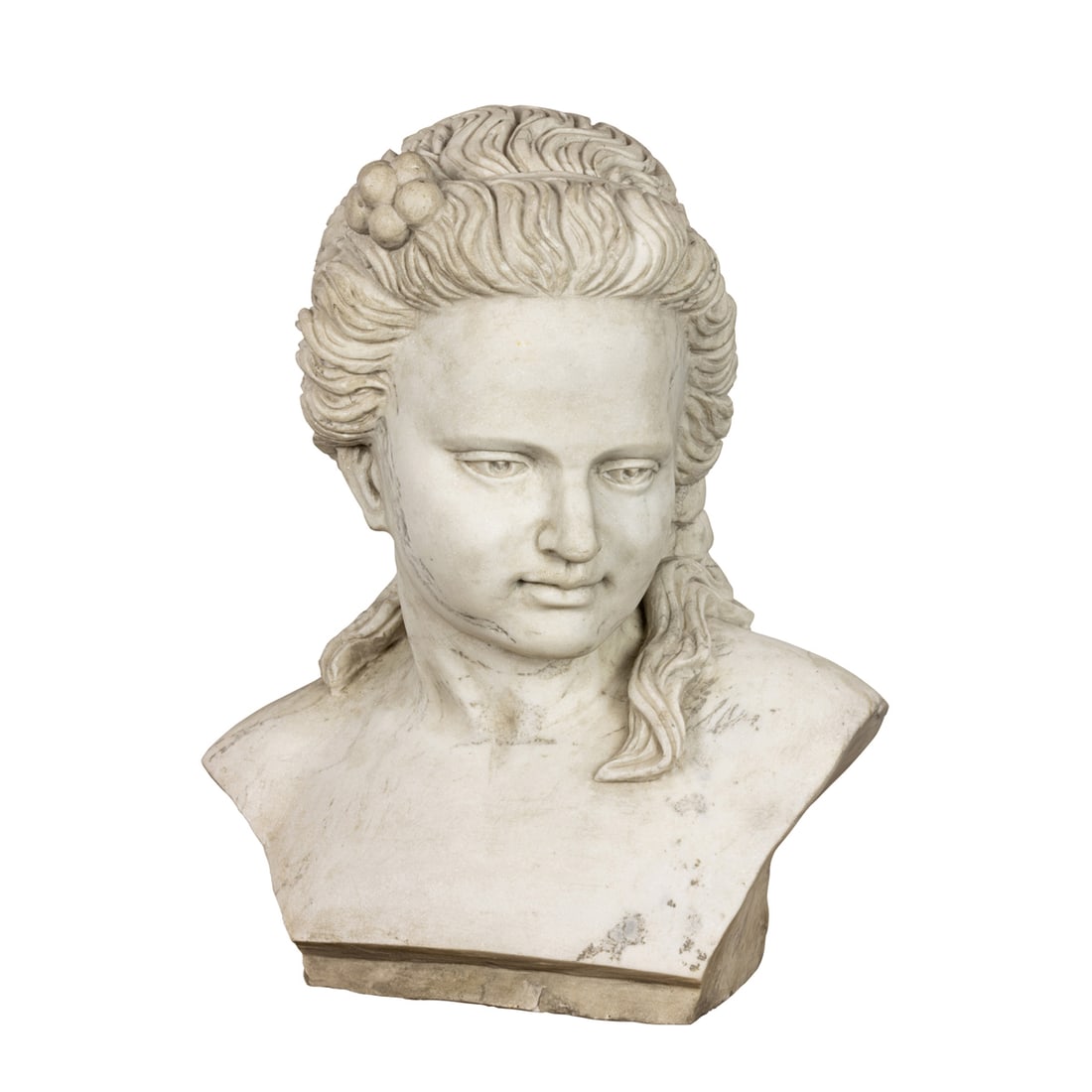 A CLASSICAL STYLE MARBLE BUST OF