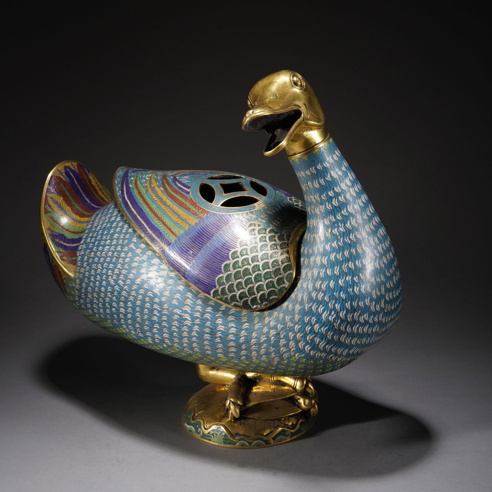 A CLOISONNE ENAMEL DUCK SHAPED