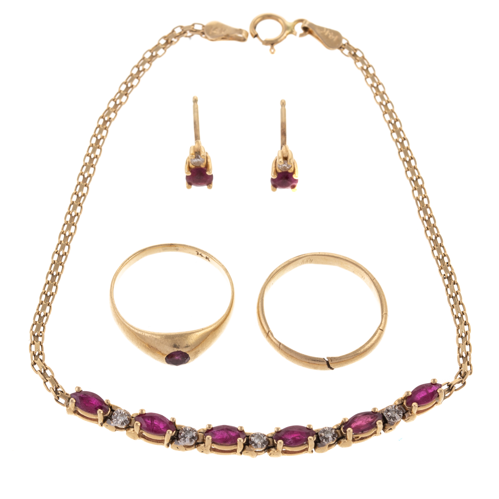A COLLECTION OF RUBY JEWELRY IN 14K