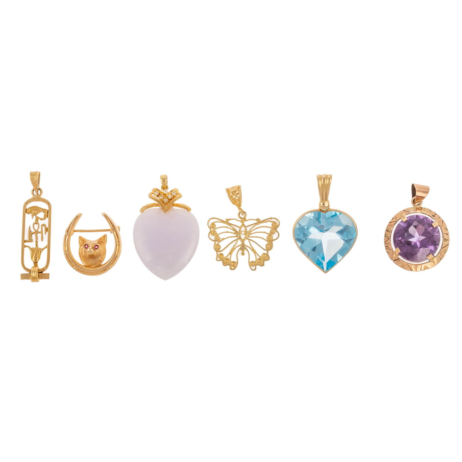 A COLLECTION OF SIX PENDANTS & PINS