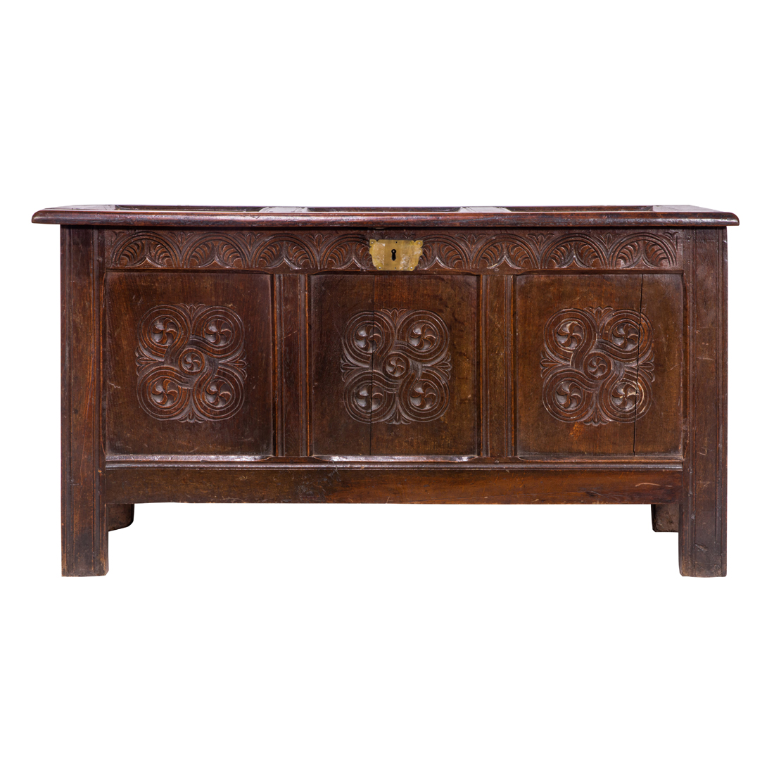 A CONTINENTAL CARVED OAK COFFER