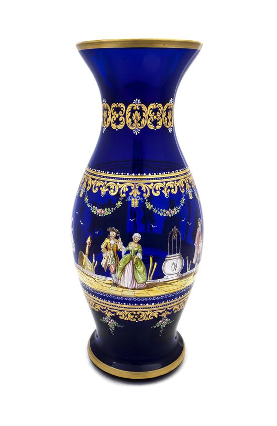 A Continental Enameled Cobalt Glass