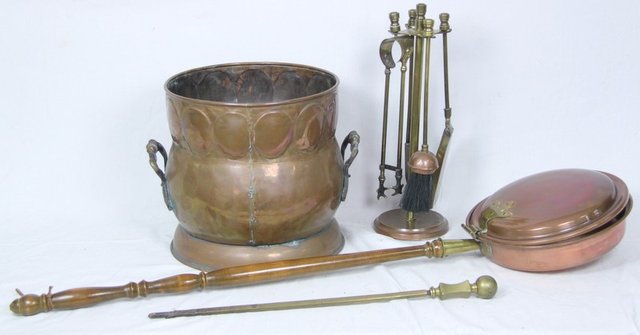 A copper coal bucket a set of