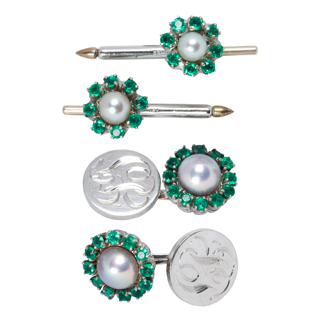 A CULTURED PEARL, EMERALD AND 14K
