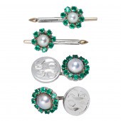 A CULTURED PEARL, EMERALD AND
