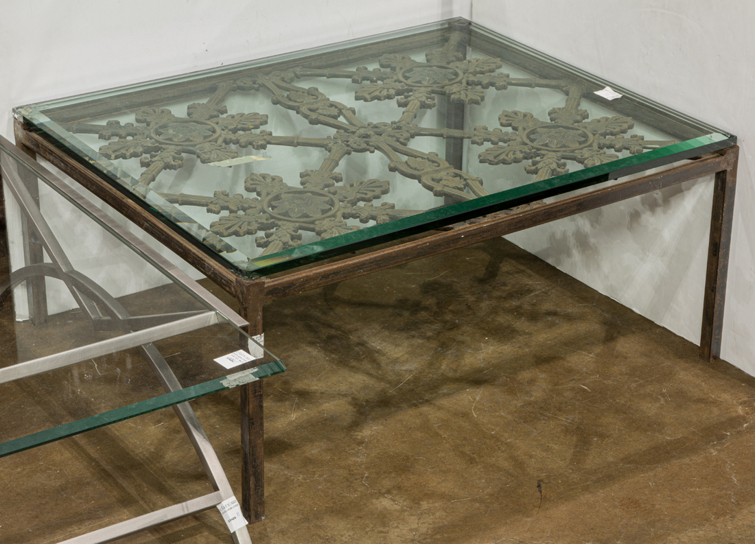 A CUSTOM WROUGHT METAL AND GLASS