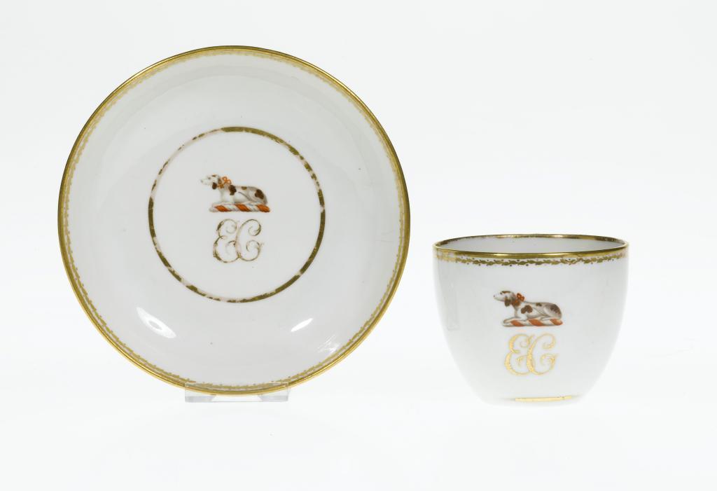 A DERBY CRESTED TEACUP AND SAUCER
