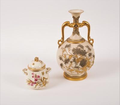 A Derby Crown two-handled jar and