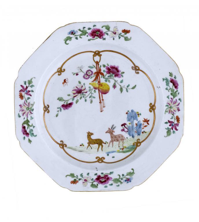 A DERBY OCTAGONAL PLATE painted