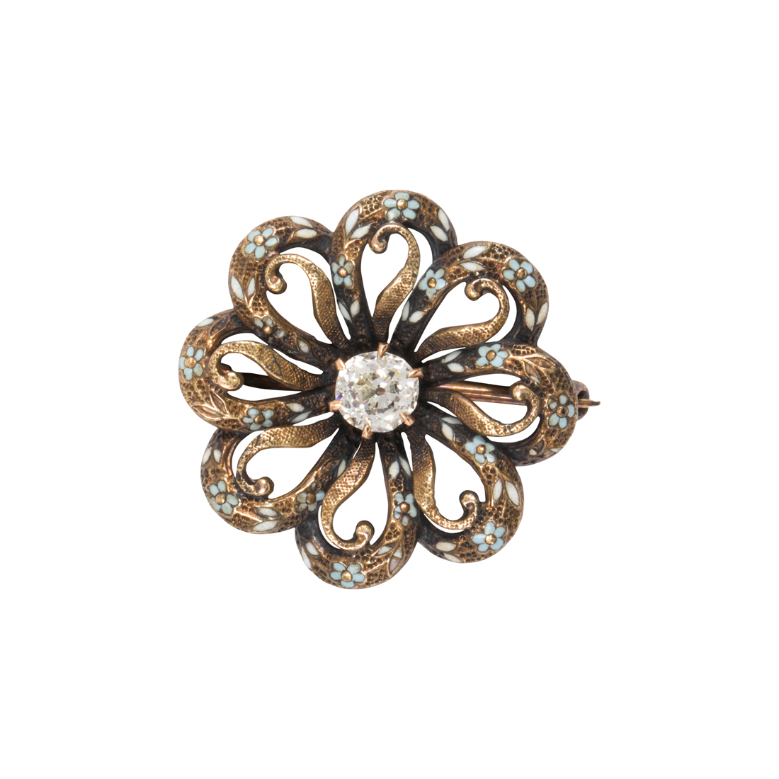 A DIAMOND, ENAMEL AND 14K GOLD