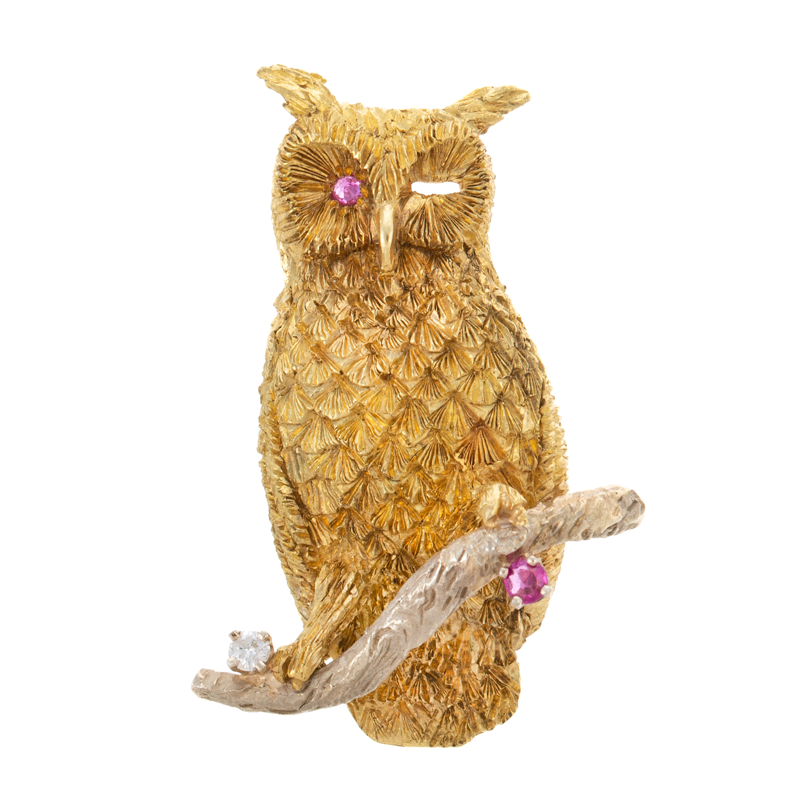 A DIAMOND & RUBY OWL BROOCH IN