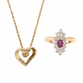 A DIAMOND & RUBY RING & HEART