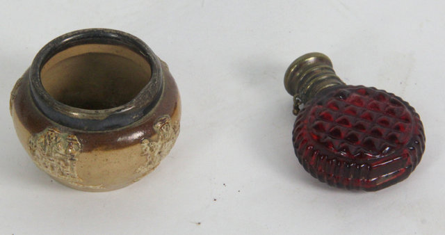 A Doulton salt and a red glass
