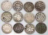 A DOZEN 3 CENT NICKELS, FOUR W