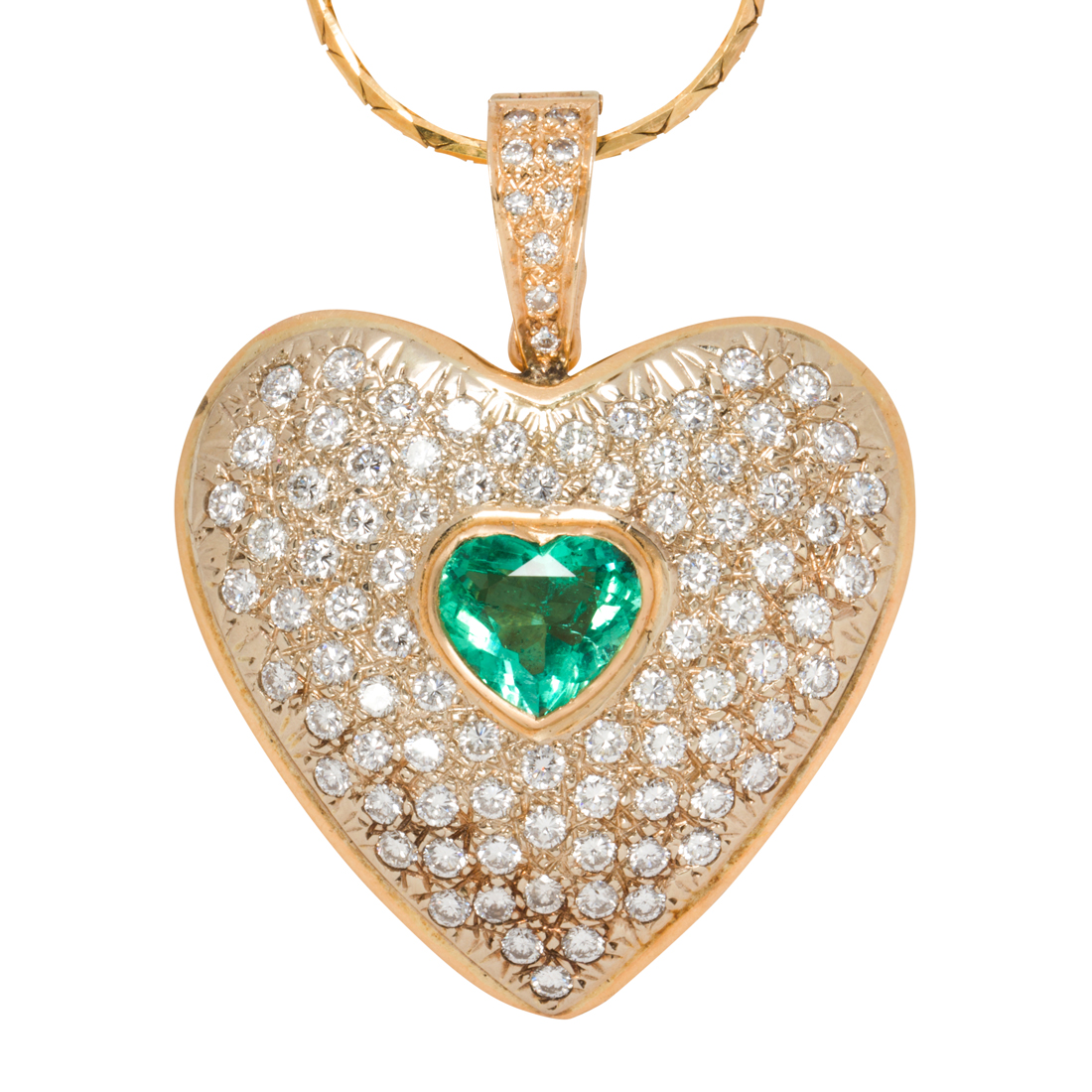 A EMERALD, DIAMOND AND GOLD PENDANT