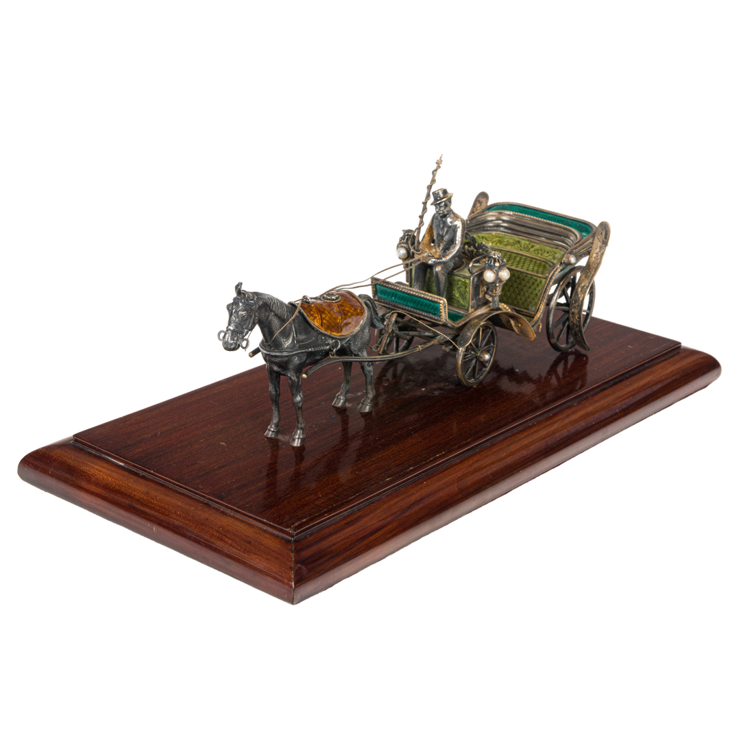 A FABERGE STYLE ENAMEL SILVER HORSE