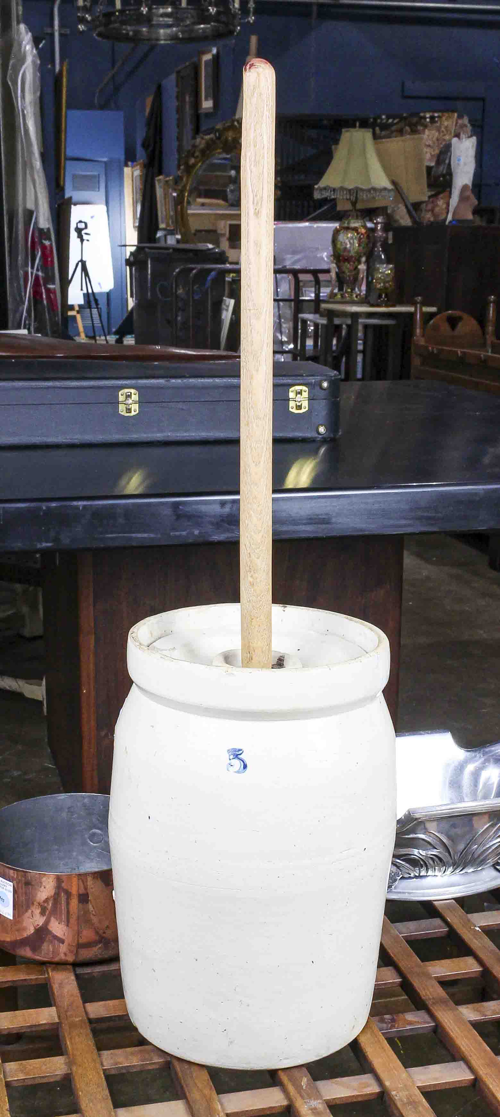 A FIVE GALLON BUTTER CHURN A five