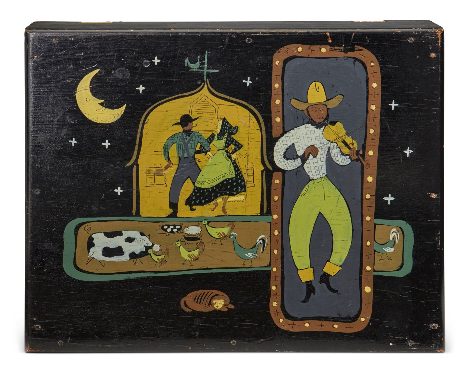 A FOLK ART PAINTED BOX OF A DANCING