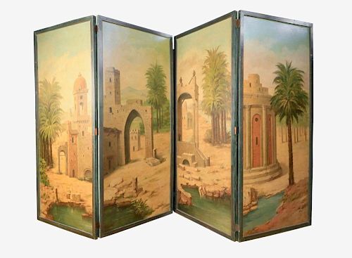 A FOUR PANEL PAINTED SCREEN