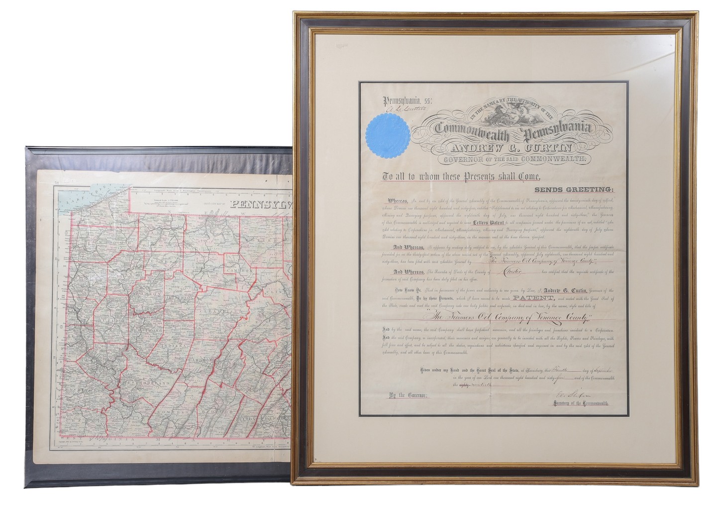 A framed 1865 corporation charter