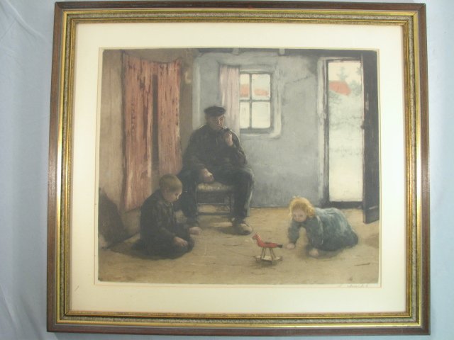 A framed and colored etching