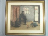A framed and colored etching a