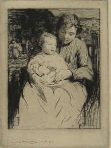 A framed etching of a child