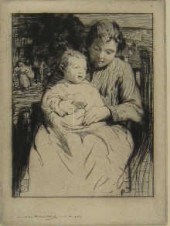 A framed etching of a child si
