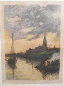 A framed lithograph of a church