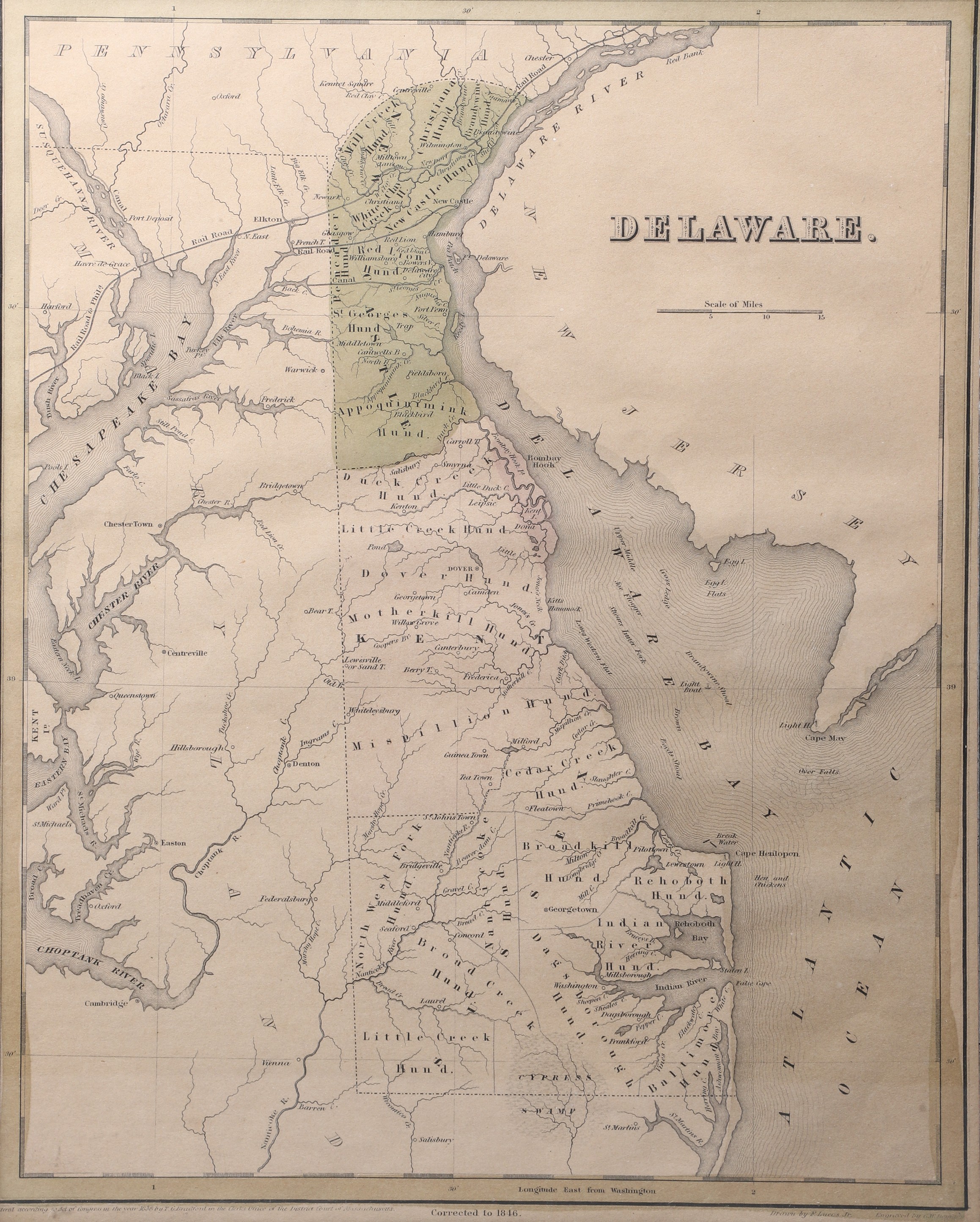 A framed map of Delaware drawn by
