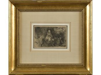 A framed vintage etching, signed in
