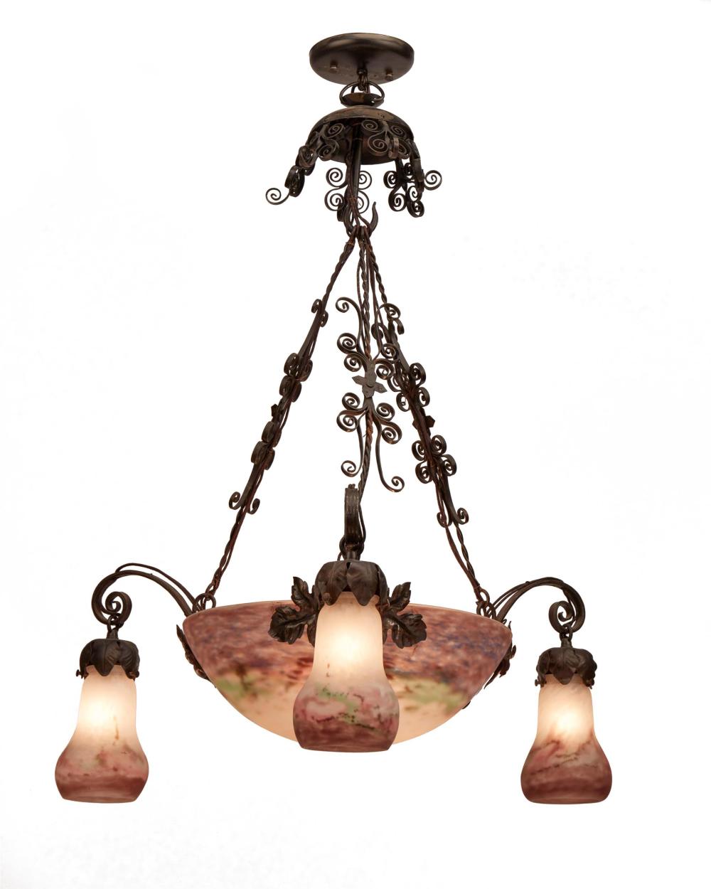 A FRENCH ART GLASS AND WROUGHT IRON