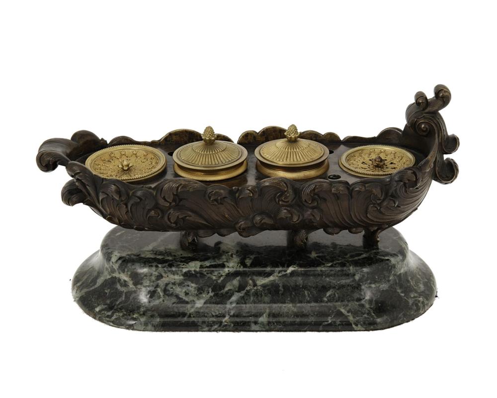 A FRENCH BRONZE AND MARBLE INKWELLA