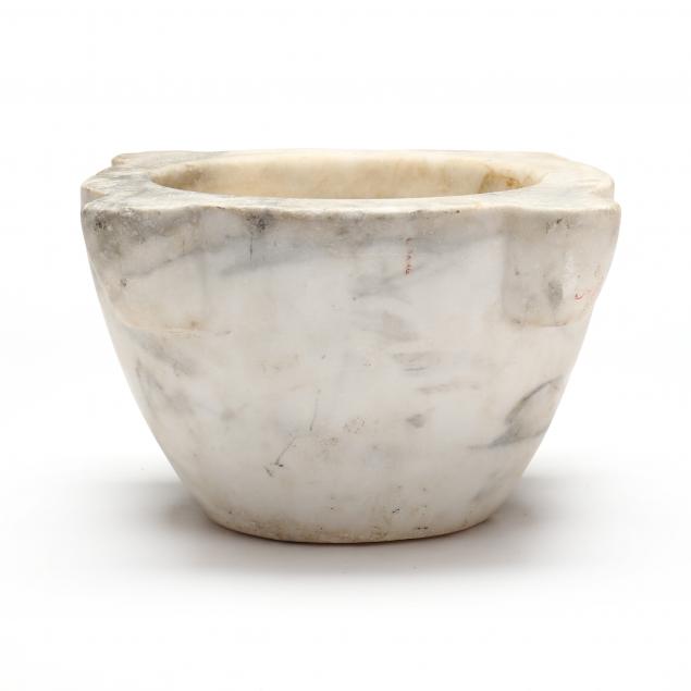 A FRENCH CARVED WHITE MARBLE MORTAR