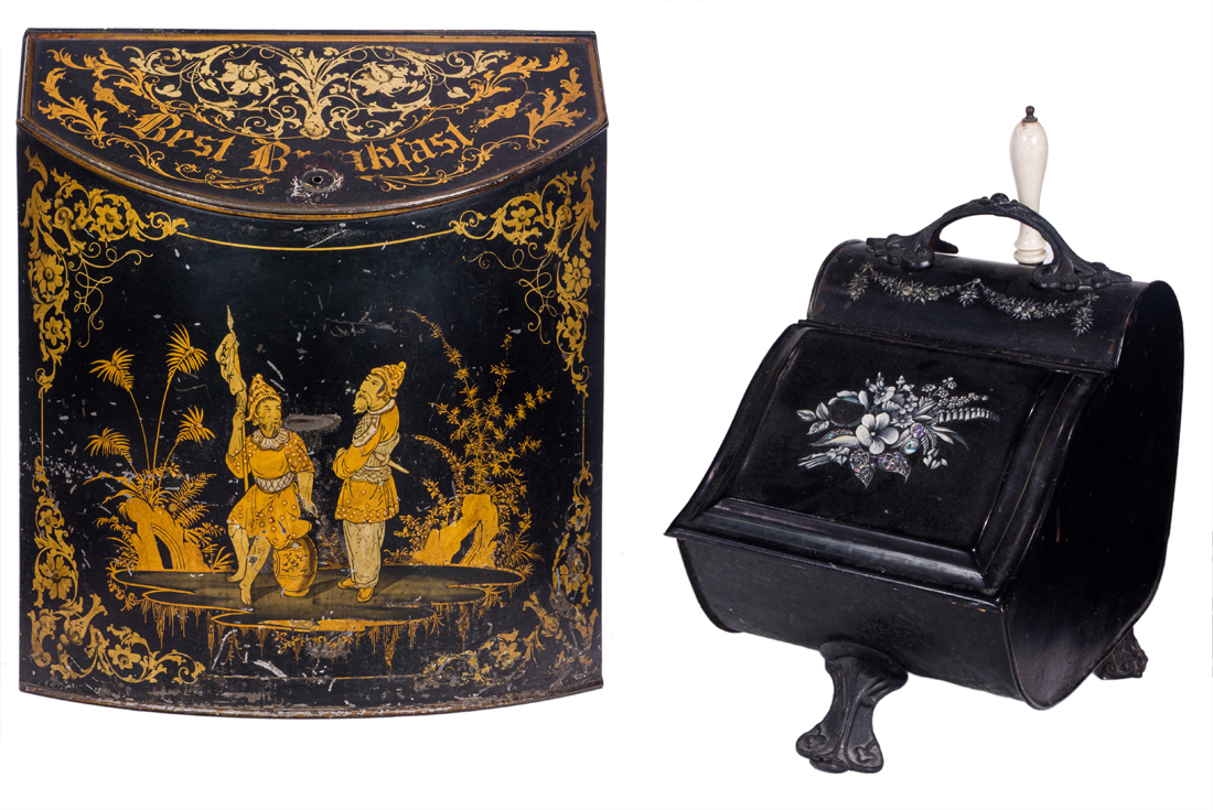 A FRENCH TOLE PEINTE COAL BIN AND A