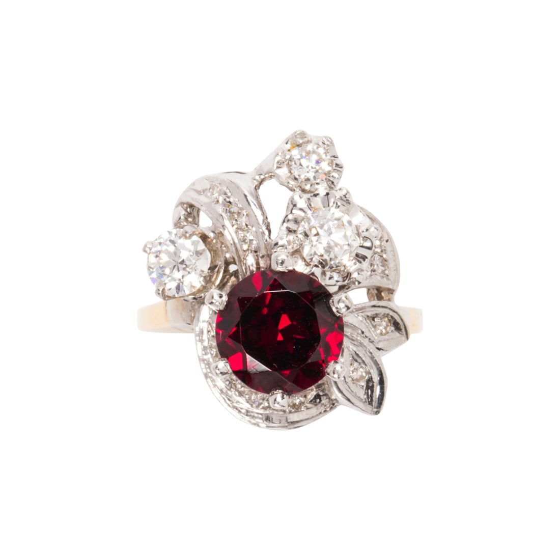 A GARNET, DIAMOND, PLATINUM AND 14K