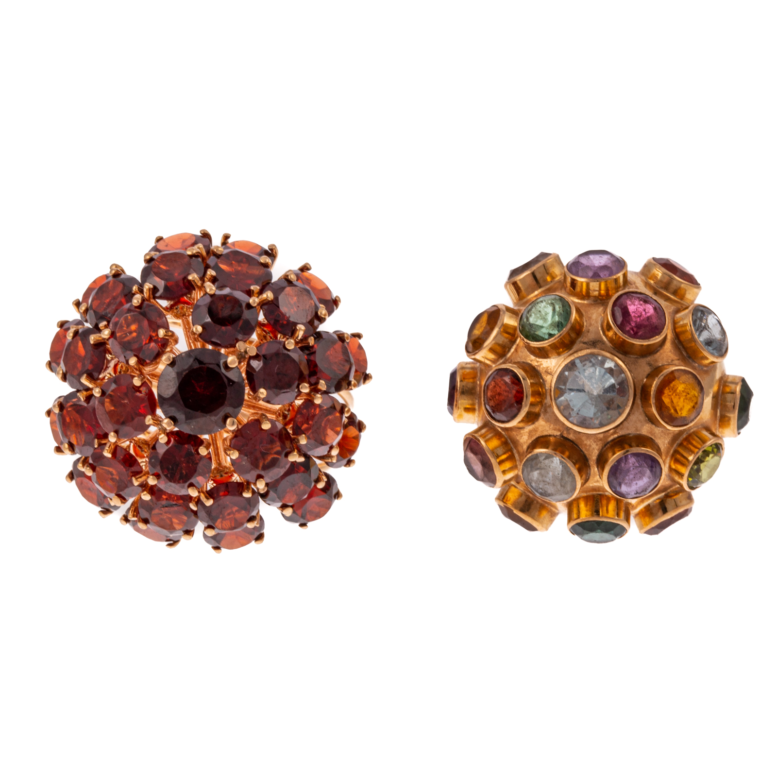 A GARNET DOME RING & "SPUTNIK" RING
