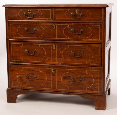 A George I yew wood chest, of two