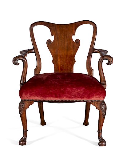 A GEORGE II WALNUT ARMCHAIR, IRISH,