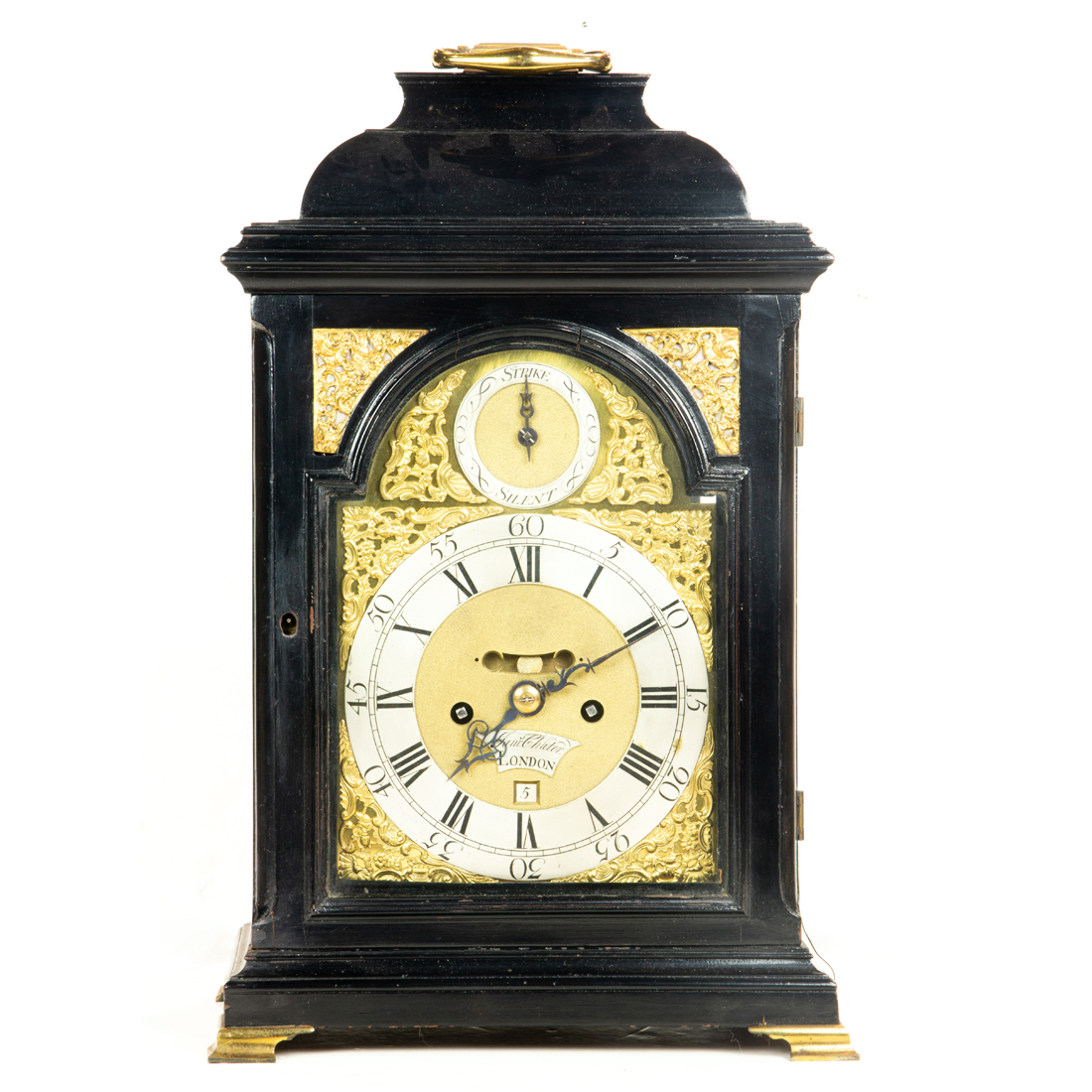 A GEORGE III EBONIZED BRACKET CLOCK