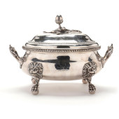 A GEORGE III SILVER SOUP TUREE