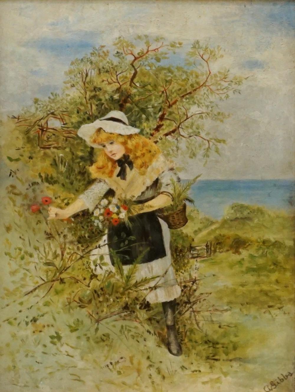 A. GIBBE, GIRL PICKING FLOWERS, OIL